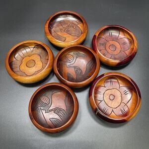 6 Vtg 1950s Haitian Wooden Hand Carved Salad Bowls Bird Fish Flower Artisan Made
